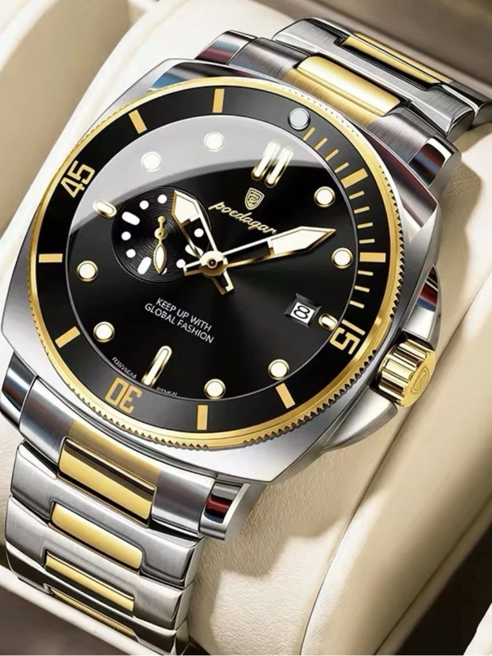 Men’s Black & Gold Stainless Steel Wristwatch Luxury Style Date Display